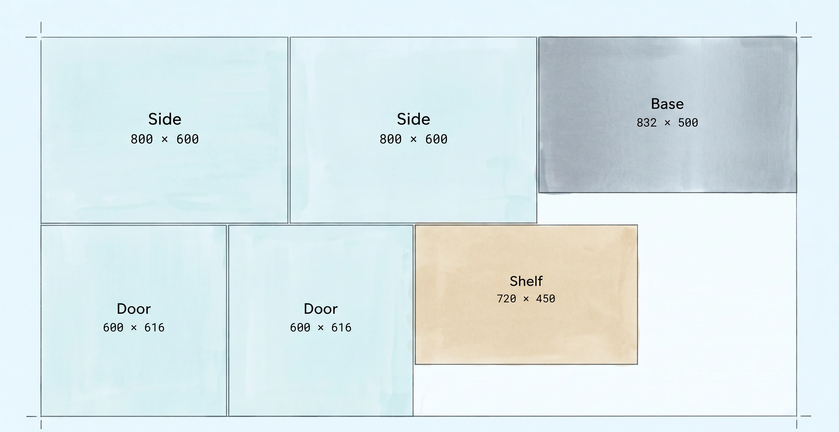 Example cutting layout on a 2440 by 1500 millimetre sheet. Synthetic graphic.